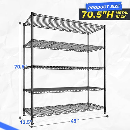 2 Set of 45 W Storage Shelves 5 Tier Wire Shelving Unit Adjustable Metal Shelving Wire Shelf Pantry Shelves Wire Commercial Rack for Closet Kitchen Pantry Garage 45" Wx 13.5" Dx70.5 H Black