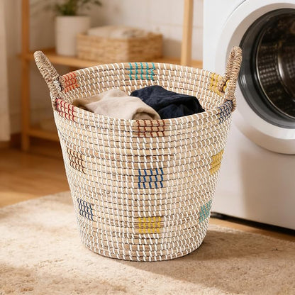 3 Pack Seagrass Storage Baskets for Organizing, Large Storage Bin with Handles, Woven Blanket Basket, Living Room Bedroom Laundry Room Home Decor for Toys Clothes Shoes Plant