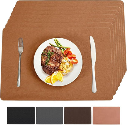 Vinyl Placemats Set of 8 Heat Resistant Easy Clean Non-Slip Place Mats for Dining Table Faux Leather Waterproof Stain Resistant Wipeable Washable PVC Table Mats(8, Light Brown)