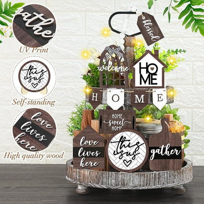 11 Pcs Home Tiered Tray Decor Spring Rustic Farmhouse Tiered Tray Decorations Set Home Wooden Signs Vintage Farm Animal Farmhouse Tabletop Wood Signs for Kitchen Table Shelf Decor