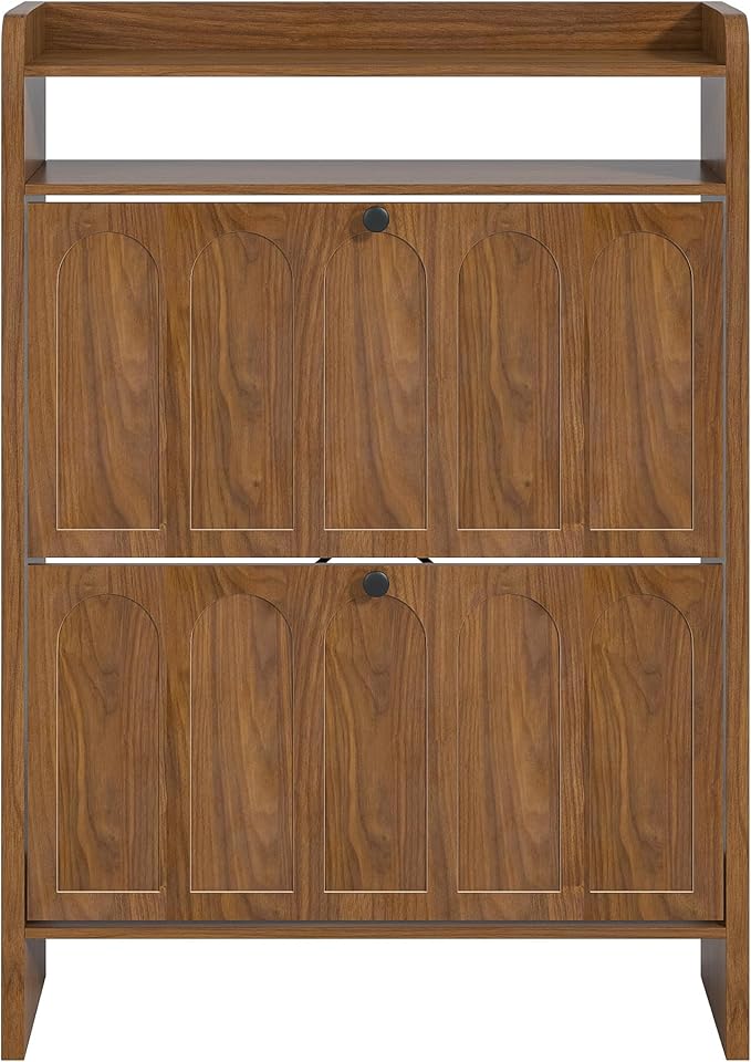 Shoe Storage Cabinet for Entryway with 2 Flip Drawers, Narrow Shoe Cabinet with Open Storage for Entryway