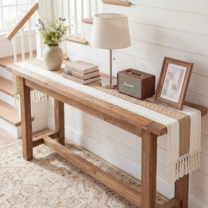 FEXIA Boho Table Runner for Summer Home Decor with Tassels 108 Inches Farmhouse Long Pottery barn Furniture Rustic Macrame Burlap Centerpieces for Tables Decoration for Living Room (12x108 Inches)