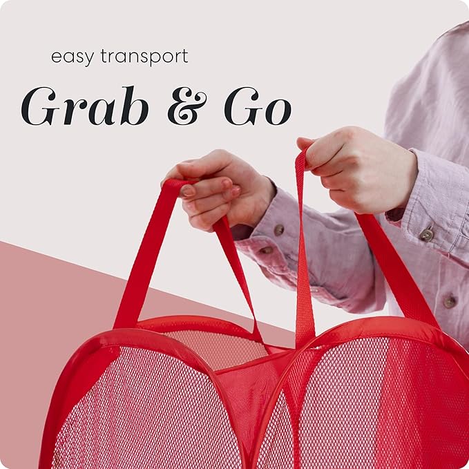 Handy Laundry Collapsible Mesh Pop Up Laundry Hamper 2-Pack – Space-Saving, Breathable Basket with Wide Opening & Side Pocket, Durable & Foldable for Clothes, Storage, Travel, Dorm, Red