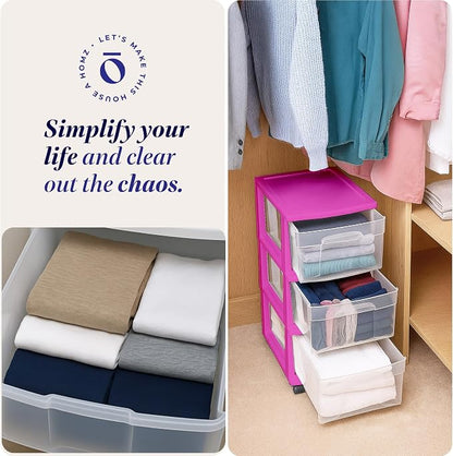 HOMZ 3-Drawer Storage Cart, Plastic Home and Office Organizer, Purple Frame