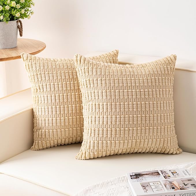 Aegero Pack of 2 Corduroy Decorative Throw Pillow Covers 18x18 InchSoft Boho Striped Pillow Covers Modern Farmhouse Home Decor for Sofa Living Room Couch Bed(Beige)