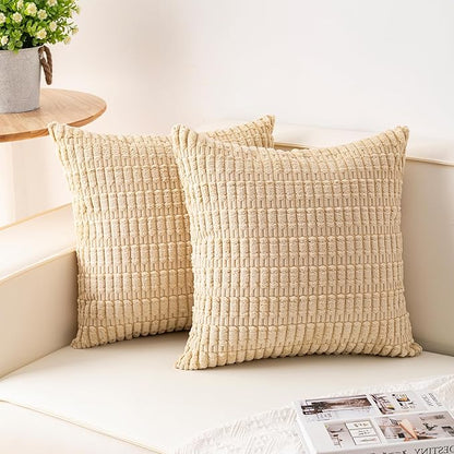 Aegero Pack of 2 Corduroy Decorative Throw Pillow Covers 22x22 Inch Soft Striped Pillow Covers Modern Farmhouse Home Decor for Sofa Living Room Couch Bed（Beige）