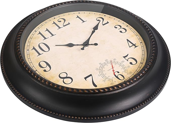 Outdoor Clock 18 Inch Large Wall Clocks with Thermometer for Living Room Patio Pool Garden-Retro Style (Bronze)