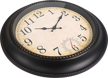 Outdoor Clock 18 Inch Large Wall Clocks with Thermometer for Living Room Patio Pool Garden-Retro Style (Bronze)