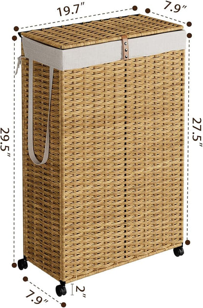 Rolling Laundry Hamper with Wheels and Lid, 90L Slim Laundry Basket with Removable Bag, Foldable Handwoven Rattan Laundry Sorter, Narrow Dirty Clothes Basket Organizer, No Assembly, Natural