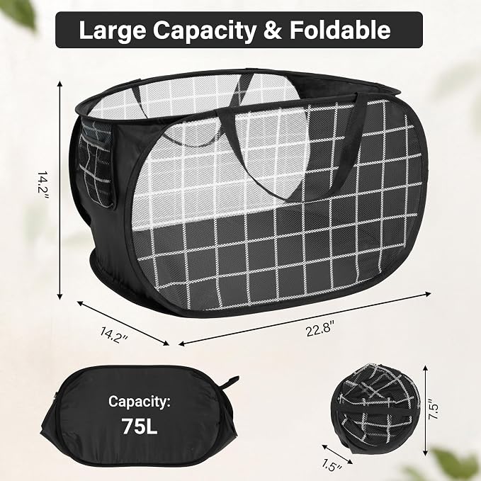 Collapsible Laundry Baskets with Side Pocket, Mesh Pop Up Clothes Hamper for Laundry, Foldable Laundry Basket Storage Hamper with Reinforced Handles for Clothes, Toys, Home, Dorm -Grid Print, Black