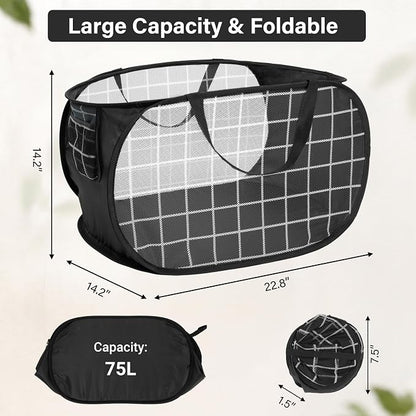 Collapsible Laundry Baskets with Side Pocket, Mesh Pop Up Clothes Hamper for Laundry, Foldable Laundry Basket Storage Hamper with Reinforced Handles for Clothes, Toys, Home, Dorm -Grid Print, Black