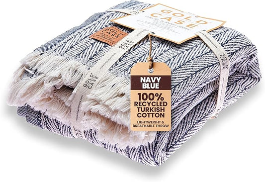 Gold Case Throw Blanket for Couch - 100% Recycled Turkish Cotton Blankets & Throws - Vintage Soft Throw Blankets for Living Room - Boho Decorative Woven Couch Blanket - 60x80 - Navy Blue