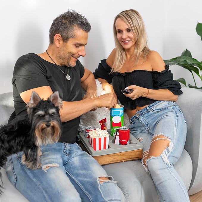 Silicone Couch Cup Holder Tray – Handy Silicone Acacia Couch Caddy with Cup Holder & Phone Stand – Waterproof Anti-Spill Snack & Bed Caddy Organizer Sofa Tray for Drinks, Snacks, & Remotes (Gray)