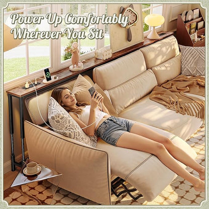 Huuger 102.4 Inch Sofa Table with Power Outlets, 23.9’’-34.4’’ Height Adjustable Range, Behind Couch Table with USB-C Ports, Sofa Tables Narrow Long, Skinny Console Table, Small Spaces, Rustic Brown