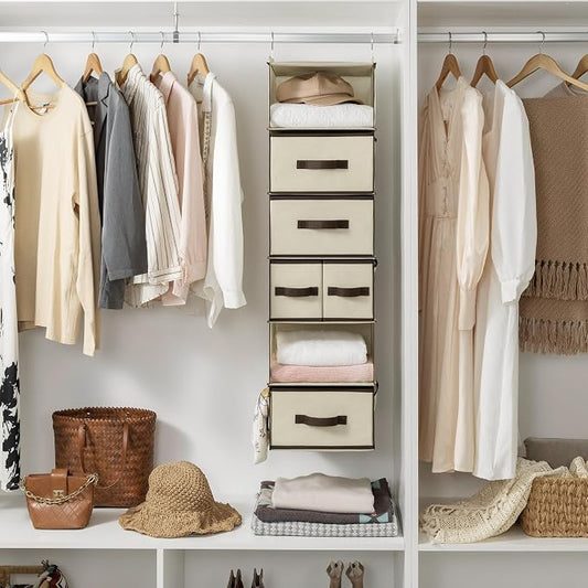 GRANNY SAYS Hanging Closet Organizers and Storage 6 Shelves, Closet Hanging Organizer with 5 Drawers, 6 Side Pockets Hanging Storage Organizer, Portable Clothes Organizer for Closet, Beige