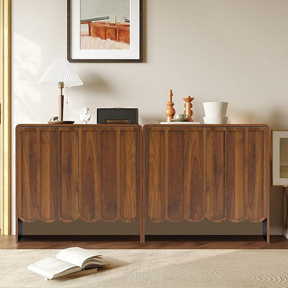ORRD Sideboard Buffet Cabinet Set of 2, Accent Storage Cabinets with 2 Doors, Farmhouse Wood Cabinet with Adjustable Shelves and Wave Panel for Living Room, Dining Room, Entry - Walnut | 2 Doors, Adjustable Shelves, Wave Panel