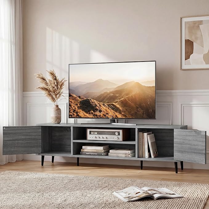 JUMMICO Mid-Century Modern TV Stand for 65-70 Inch TVs, 63 Inch Media Console with Storage, Entertainment Center with Push-Open Cabinets and Cable Management for Living Room (Grey, 63 Inches)