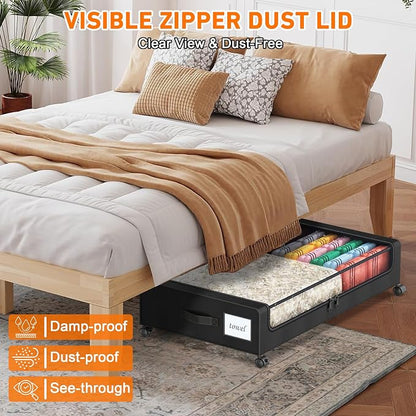 Under Bed Storage with Wheels, 4 Pack Under Bed Storage Containers with Dividers & Clear Lids, XXL 65L Under the bed storage Organizer Bins, Underbed Storage with Wheels for Clothes,Shoes,Toys - Black