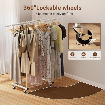 TigerParty Double Rods Clothes Rack for Hanging Clothes, Heavy Duty Sturdy Stainless Steel Clothing Rack, Rolling Garment Rack with Wheels for Bedroom Laundry Living Room