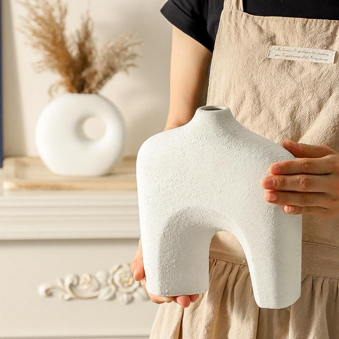 Dobbyby Ceramic Vase Set of 2, Modern Donut Vases for Minimalist Nordic Home Decor, Waterproof Round Vase, Decorative Centerpiece Vases for Living Room, Entryway, Table Decor (02-Rustic Cream)