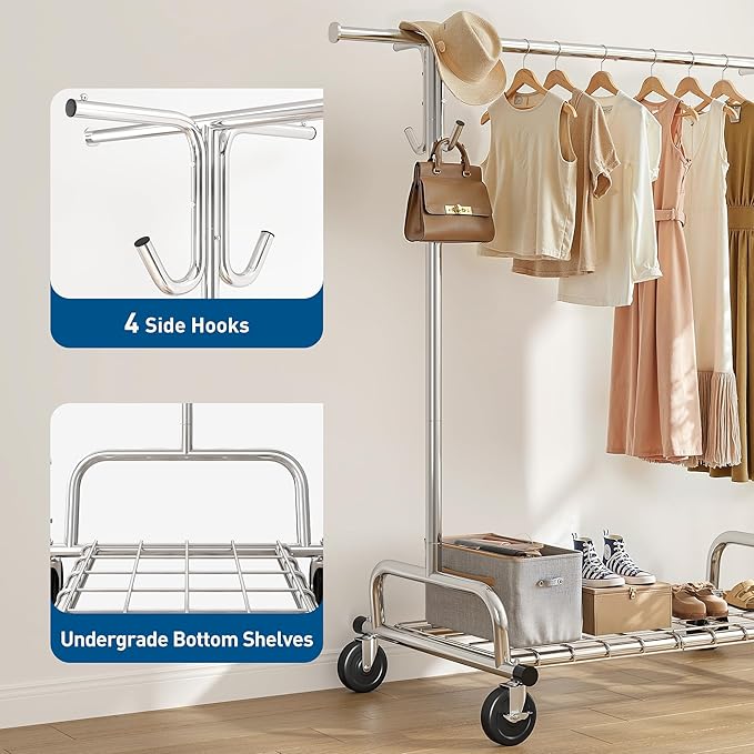 Raybee Heavy Duty Clothes Rack, 75''W Clothing Rack with 4 Hooks & Sturdy Wheels, 450 LBS Capacity, Rolling Garment Rack Holds 150 Clothes, for Bedroom/Laundry/Commercial Use, Silver