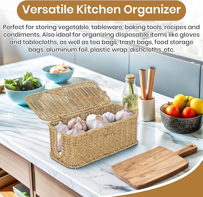 Wicker Storage Basket With Lid, Toilet Paper Basket For Toilet Tank, Pads And Tampon Holder For Bathroom, Rectangular Woven Kitchen Organizer, Home Decorative Storage Box