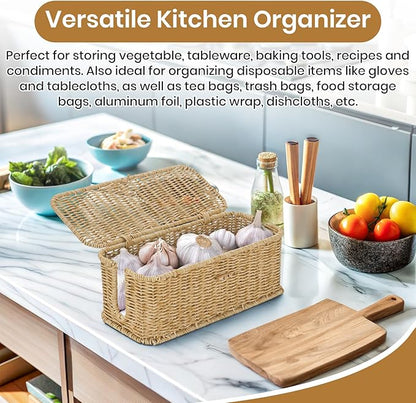 Wicker Storage Basket With Lid, Toilet Paper Basket For Toilet Tank, Pads And Tampon Holder For Bathroom, Rectangular Woven Kitchen Organizer, Home Decorative Storage Box