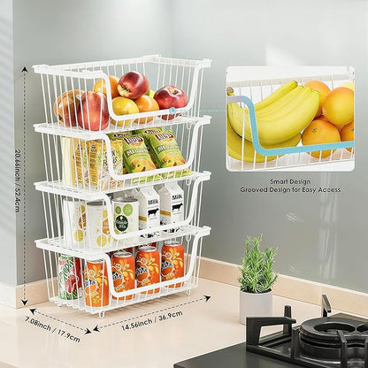 GAOKASE 4 Pcs Stackable Wire Baskets for Pantry Organizers and Storage,Vegetable Fruit Basket for Countertop,Kitchen Storage Metal Baskets,Produce Potato Onion Storage Bin,White