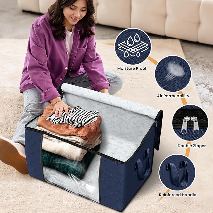 Fab totes 24 Gallons Clothes Storage,Foldable Thick Fabric Blanket Storage Bags,Containers for Organizing Bedroom, Closet, Clothing, Comforter,Organization with Handle (6 Pack,Blue)
