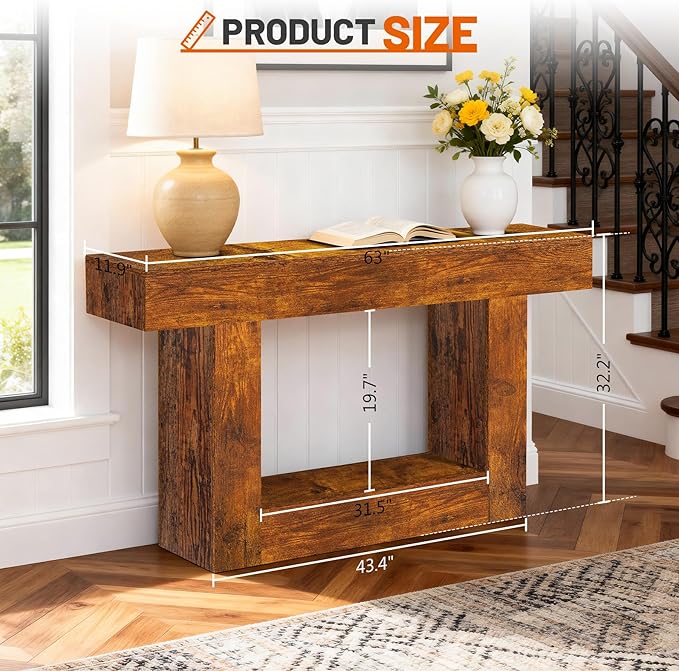 63 Inch Long Entryway Table U-Shaped Extension, Wooden Console Table with Socket Farmhouse Sofa Table for Entrance, Hallway, Living Room,Behind Couch(Rustic Brown)