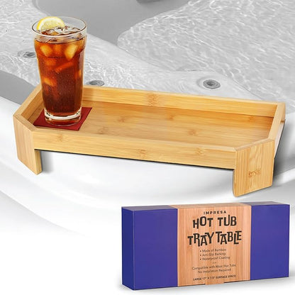 IMPRESA Bamboo Hot Tub Tray Table - 17" x 7.5", Modern Bamboo - Waterproof UV-Coated Caddy with Anti-Slip Backing for Drinks & Essentials - Hot Tub Accessories - Outdoor Spa Drink Table & Bathtub Tray