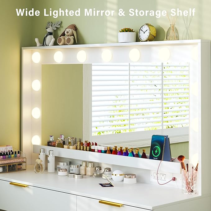 Makeup Vanity Desk with Lights & Large Mirror, 39.3in Vanity Desk with Mirror and Lights, 3 Lighting Color Adjustable, 5 Drawers, for Bedroom