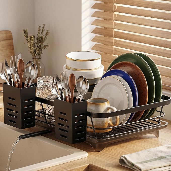 Dish Drying Rack for Kitchen Counter, Large Capacity Rust Resistant Rack with Removable Utensil Holder, Space-Saving Sink Organizer for Home and Apartment, 12" W x 16.6" L (Black)