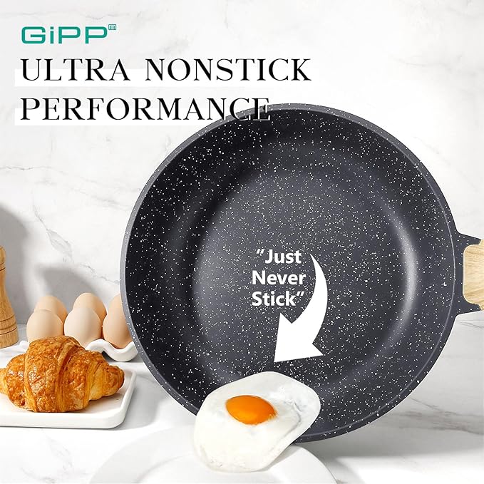 GiPP Non Stick Frying Pan Set - 9.5" 10.2" 11" Ceramic Nonstick Skillets, Non Toxic, Omelette Pan with Stay Cool Handle, Induction Compatible, PFAS/PTFE/PFOA Free, Gray