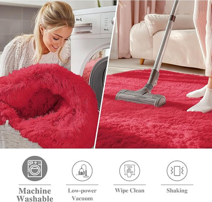 OLANLY Red Round Rugs for Bedroom - Machine Washable, 5 ft Circle Area Rugs for Living Room, Soft and Fluffy Shaggy Carpet for Teen Girls and Boys, Nursery Rooms, Dorms, Home Decor Aesthetic