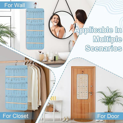 Dynoro Double-Sided Hanging Jewelry Organizer, Large Teal Storage Roll for Earrings, Necklaces, Rings, 48 Pockets 21 Hooks, Durable Oxford Fabric for Closet, Wall, Door, 1 piece, Jewelry Not Included
