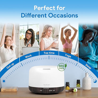 ASAKUKI Essential Oil Diffuser 500ml, Ultrasonic Aromatherapy Humidifier with Remote Control, 7 LED Colors, Timer & Auto-Off, Large Room Diffuser (Dark Brown)