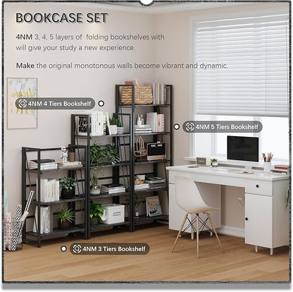 4NM No Assembly Folding Bookshelf Storage Shelves 3 Tiers Vintage Bookcase Standing Racks Study Organizer Home Office (Gray Black)