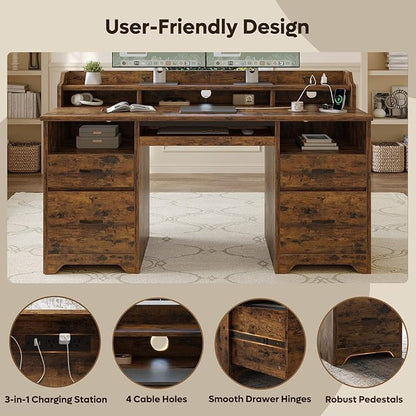 Bestier Farmhouse 59" Executive Desk with Drawers, Wood Computer Desk with Charging Station, Home Office Desk with Keyboard Tray & Monitor Stand, Sturdy Pedestal Desk for Work Study, Rustic Brown