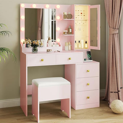 Vanity Desk with Mirror and Lights,Makeup Table with & RGB Storage Cabinet,Large Drawer & Storage Shelves,5 Drawer,Bedroom Dressing Table, Pink