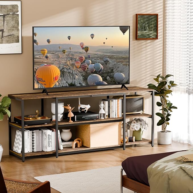 Aquzee TV Stand for 55 Inch TV, 49.2” Wide Entertainment Center with Open Storage, Wood & Metal Console Table and Media Furniture for Living Room Bedroom, Rustic Brown