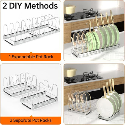 MUDEELA Pots and Pans Organizer Rack for under Cabinet, Expandable Pot Lid Kitchen Cabinet Organizer Holder with 10 Adjustable Compartment Cutting Board Organizer for Pan Lid Cookie Sheet Rack, Silver