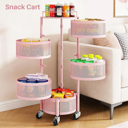 SNTD Fruit and Vegetable Basket Bowls for Kitchen with Metal Top Lid, 5 Tier Rotating Storage Rack Cart for Potato Onion Bread Banana, Wire Basket Organizer on Wheels, Large, Pink