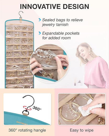BAGSMART Hanging Jewelry Organizer, Necklace Holder Anti-tangle Earrings Rings Hanger with 20 Jewelry Bags Travel Storage Roll with Pockets Hang on Closet, Wall, Door,1 Piece, Large, Teal