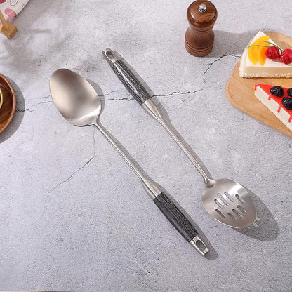 18/10 Stainless Steel Kitchen Utensils Set with Wooden Handle, 8Pcs 15” Long Cooking Utensil Set & Kitchen Gadgets Cookware Set, Serving Utensils-Spatula, Turner, Pasta, Serving Spoon, Skimmer, Ladle