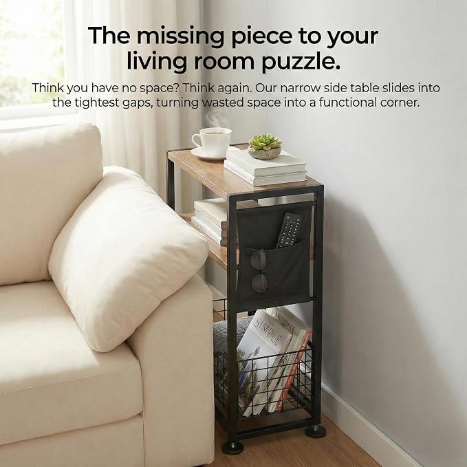 Skinny Side Table with Storage, 3 Tier Slim Side Tables for Small Spaces, Skinny End Table Narrow Bedside Table Narrow Side Table for Living Room, Bedroom