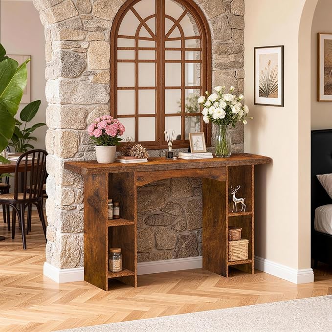 55 Inch Entryway Table Single-Shelf Cabinet, 1.6 Inch Thick Desktop Wooden Console Table with Socket Farmhouse Sofa Table for Entrance, Hallway, Living Room,Behind Couch(Rustic Brown)