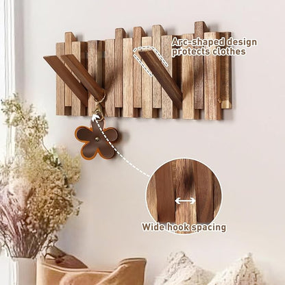 Wall Coat Rack for Entryway: Rustic Wooden Folding 8 Hooks Mount 16.5inch Decorative Piano Hanger for Farmhouse Hallway Bathroom for Towel Backpack Jacket (Staggered Style)