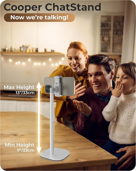 COOPER ChatStand, Adjustable Cell Phone Stand for Desk, Phone Stand for Recording, iPhone Holder for Filming, Small Tripod for iPhone, Fits Samsung, Android Smartphones, (Frost White)