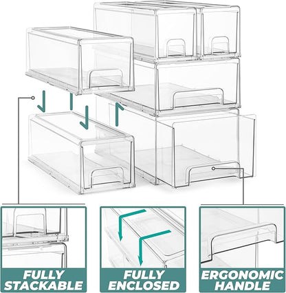 Sorbus Small Wide Clear Stackable Storage Drawers – 6-Pack Plastic Organizer Bins with Handles – Stackable Pull-Out Storage Drawers for Closet, Pantry, Office, Bathroom, Craft, and Toy Organization